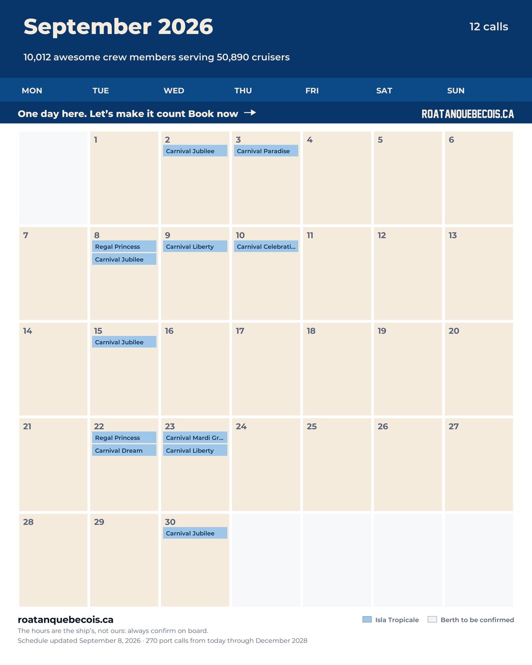 Isla Tropicale (Mahogany Bay) cruise ship calendar for September 2026: every call, ship by ship and berth by berth