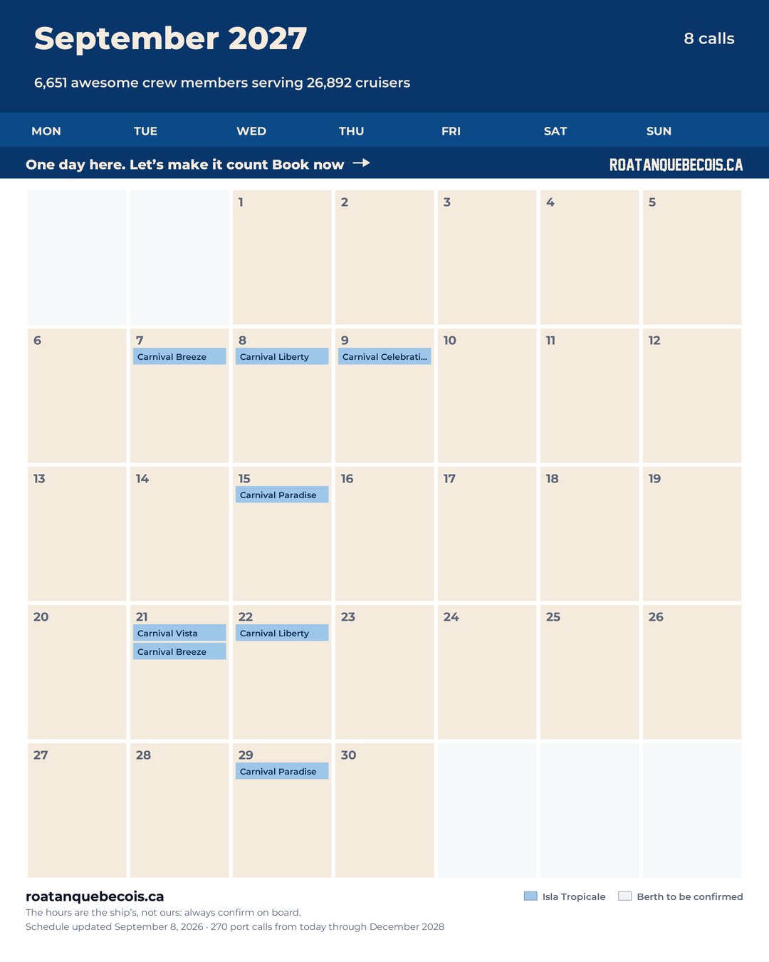 Isla Tropicale (Mahogany Bay) cruise ship calendar for September 2027: every call, ship by ship and berth by berth