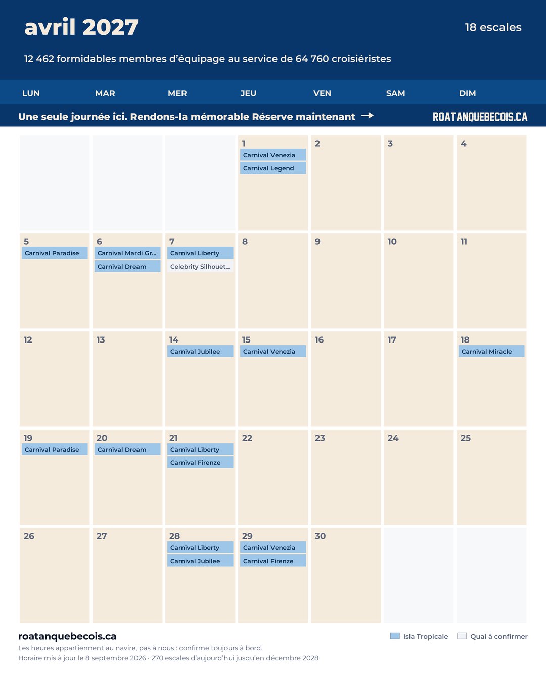 Calendrier des navires de croisière à Isla Tropicale (Mahogany Bay) pour avril 2027 : chaque escale, navire par navire et quai par quai