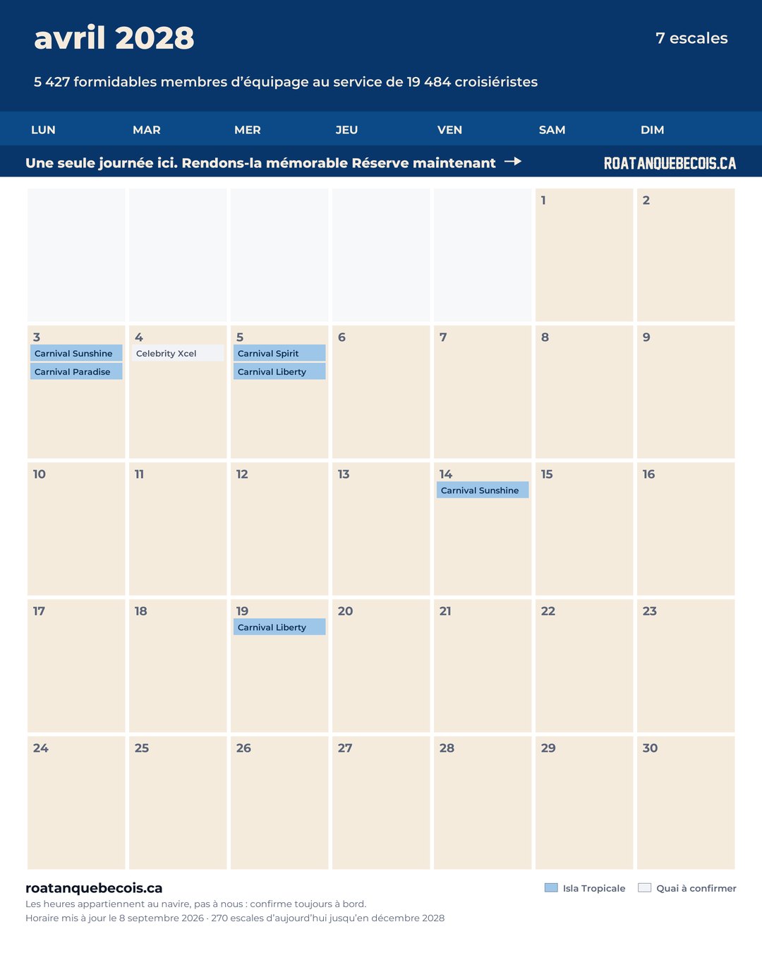 Calendrier des navires de croisière à Isla Tropicale (Mahogany Bay) pour avril 2028 : chaque escale, navire par navire et quai par quai