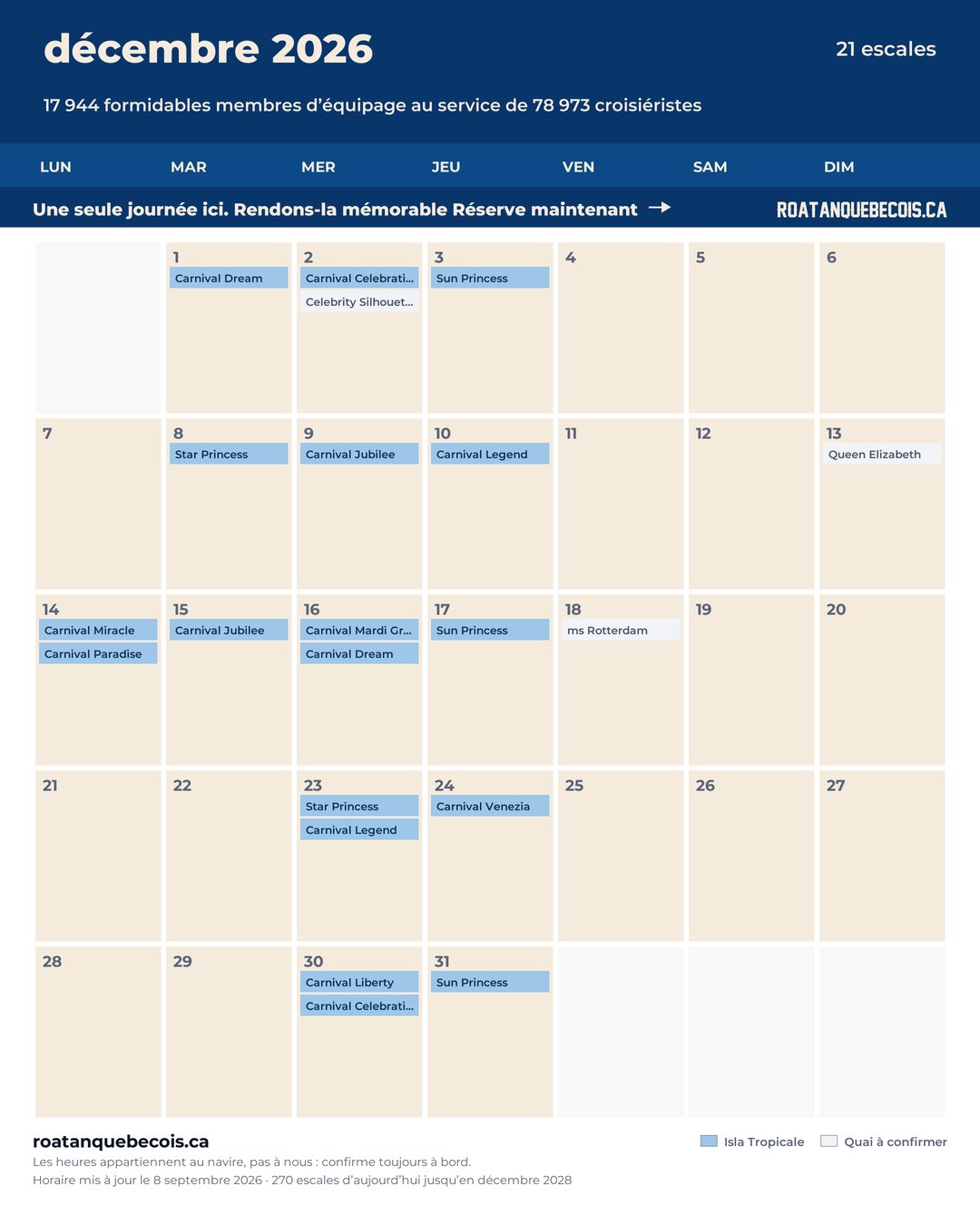Calendrier des navires de croisière à Isla Tropicale (Mahogany Bay) pour décembre 2026 : chaque escale, navire par navire et quai par quai