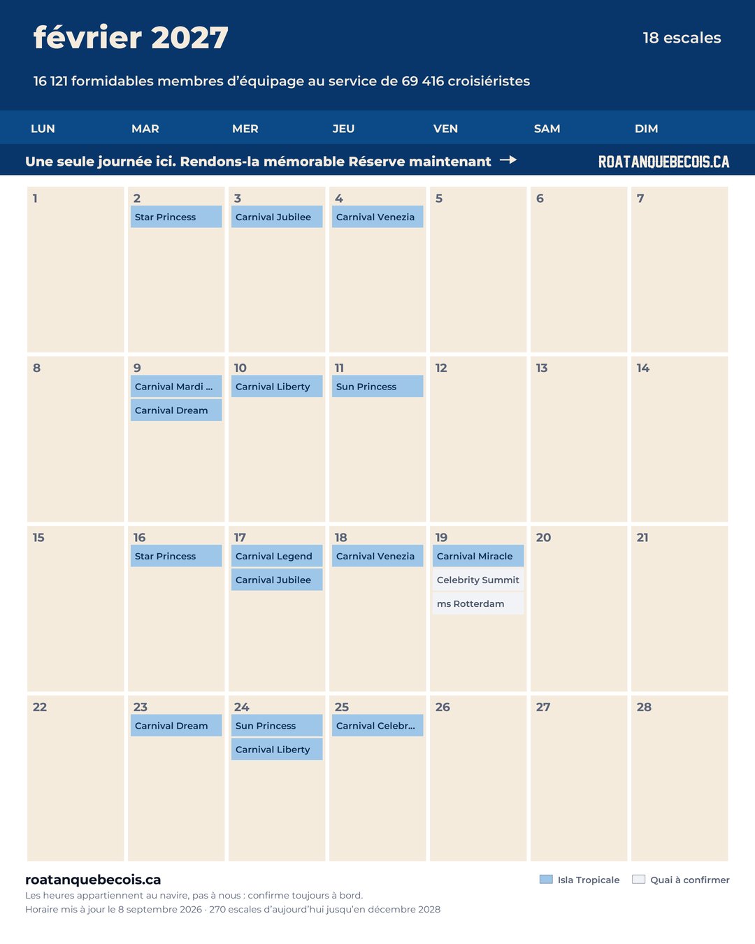 Calendrier des navires de croisière à Isla Tropicale (Mahogany Bay) pour février 2027 : chaque escale, navire par navire et quai par quai