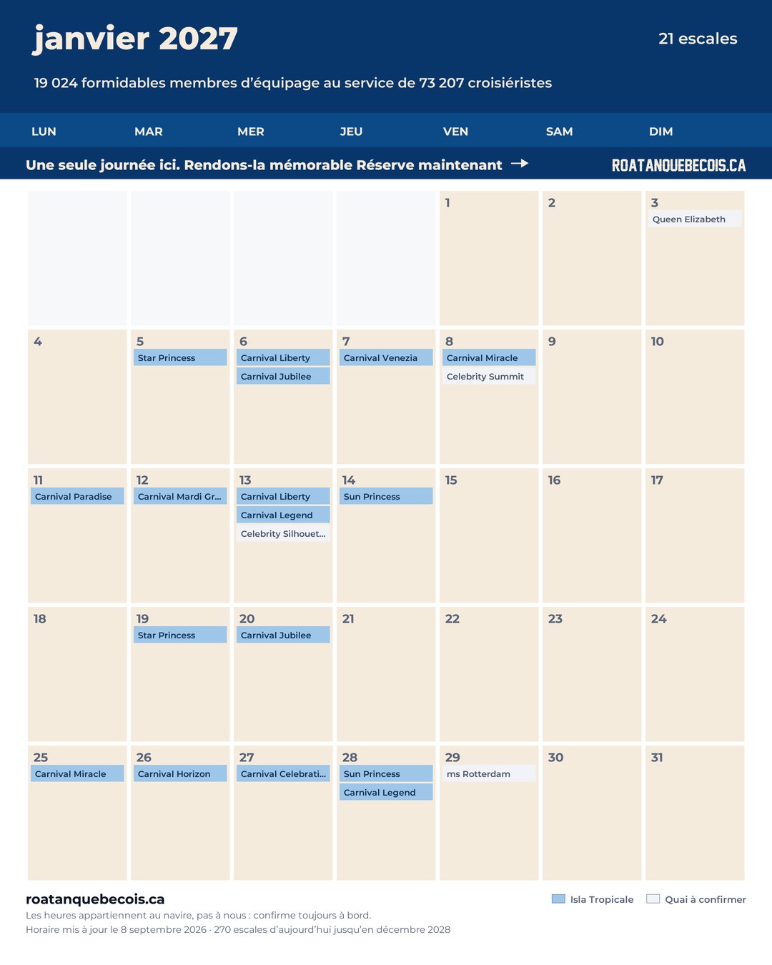 Calendrier des navires de croisière à Isla Tropicale (Mahogany Bay) pour janvier 2027 : chaque escale, navire par navire et quai par quai