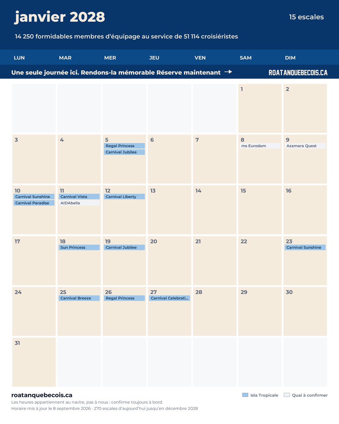 Calendrier des navires de croisière à Isla Tropicale (Mahogany Bay) pour janvier 2028 : chaque escale, navire par navire et quai par quai