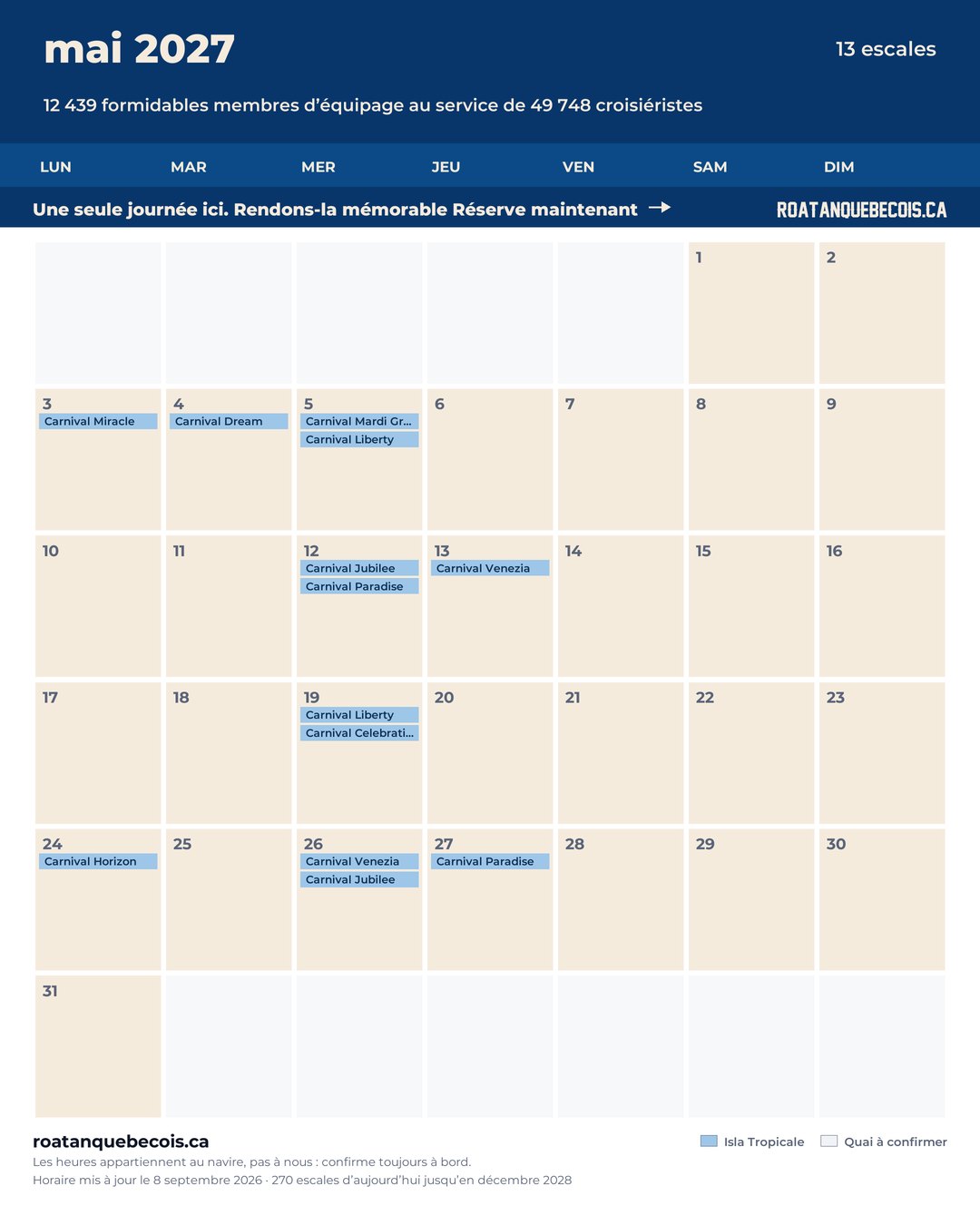 Calendrier des navires de croisière à Isla Tropicale (Mahogany Bay) pour mai 2027 : chaque escale, navire par navire et quai par quai