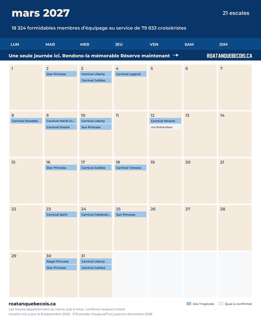 Calendrier des navires de croisière à Isla Tropicale (Mahogany Bay) pour mars 2027 : chaque escale, navire par navire et quai par quai