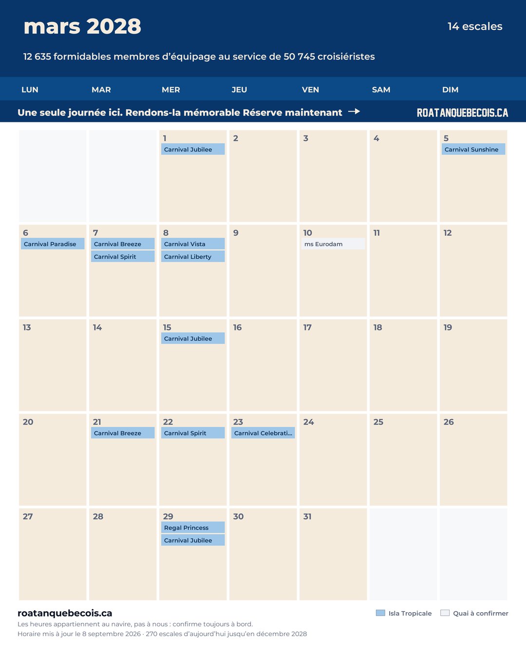 Calendrier des navires de croisière à Isla Tropicale (Mahogany Bay) pour mars 2028 : chaque escale, navire par navire et quai par quai