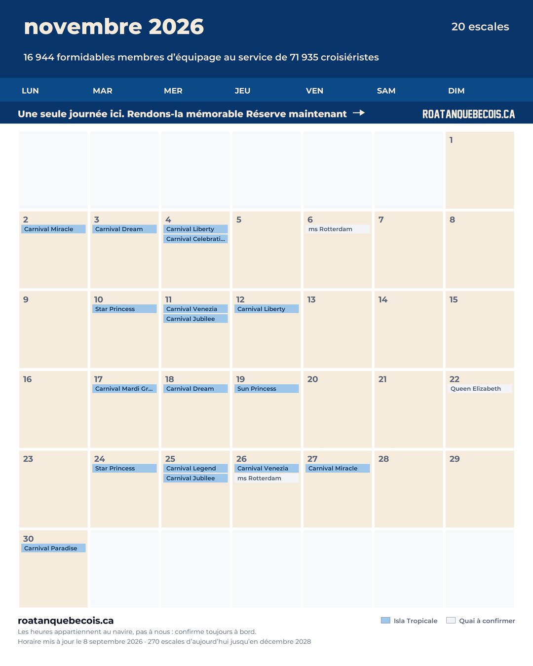 Calendrier des navires de croisière à Isla Tropicale (Mahogany Bay) pour novembre 2026 : chaque escale, navire par navire et quai par quai