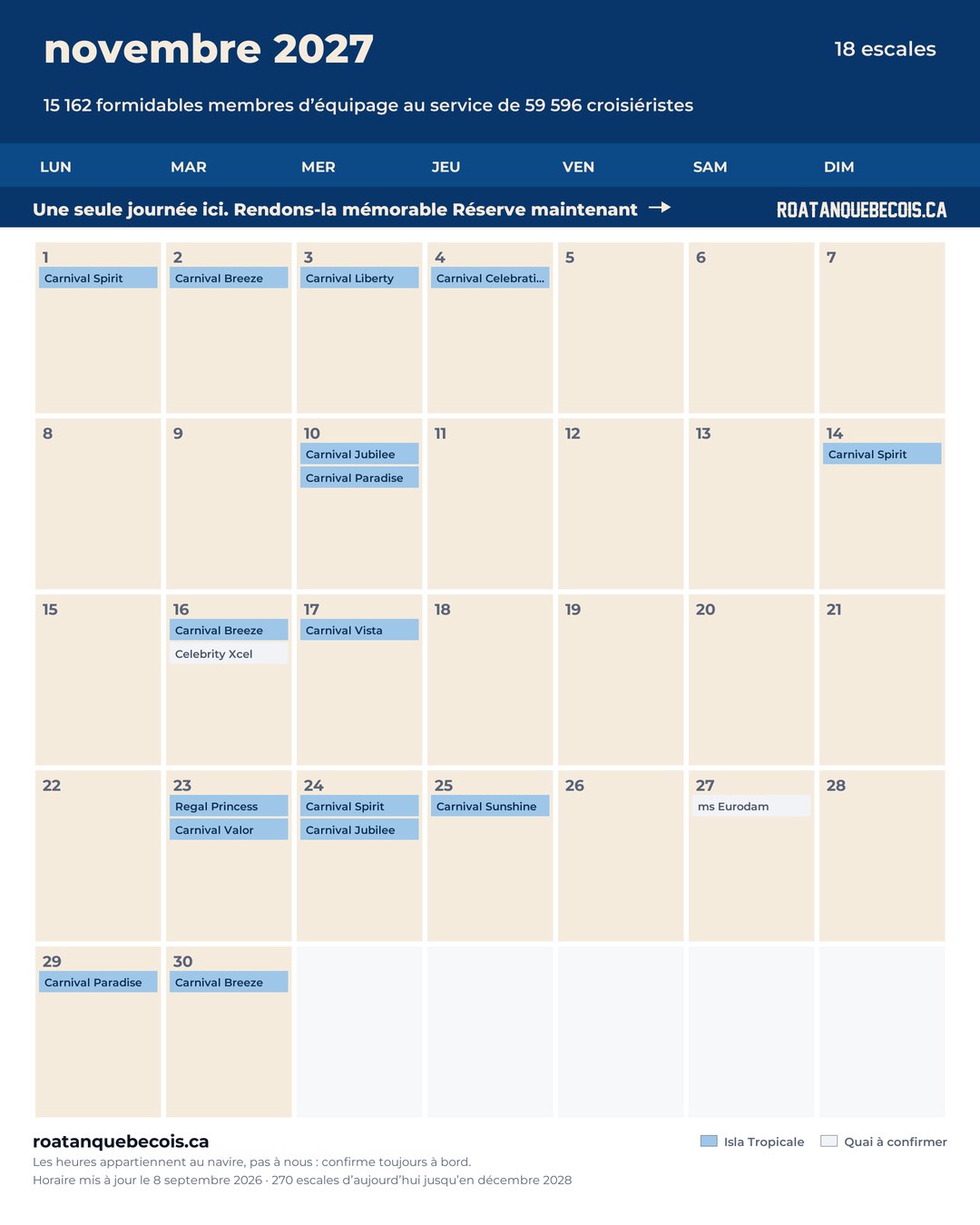 Calendrier des navires de croisière à Isla Tropicale (Mahogany Bay) pour novembre 2027 : chaque escale, navire par navire et quai par quai
