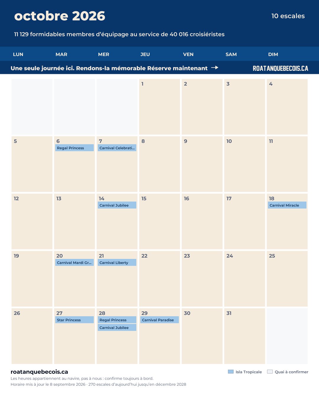 Calendrier des navires de croisière à Isla Tropicale (Mahogany Bay) pour octobre 2026 : chaque escale, navire par navire et quai par quai
