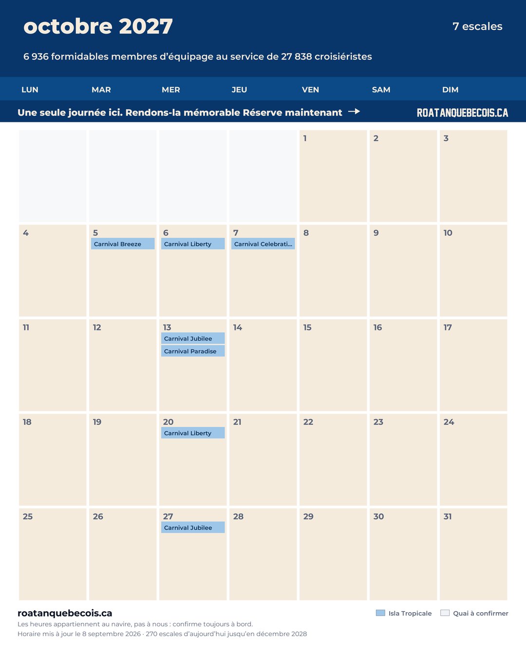 Calendrier des navires de croisière à Isla Tropicale (Mahogany Bay) pour octobre 2027 : chaque escale, navire par navire et quai par quai