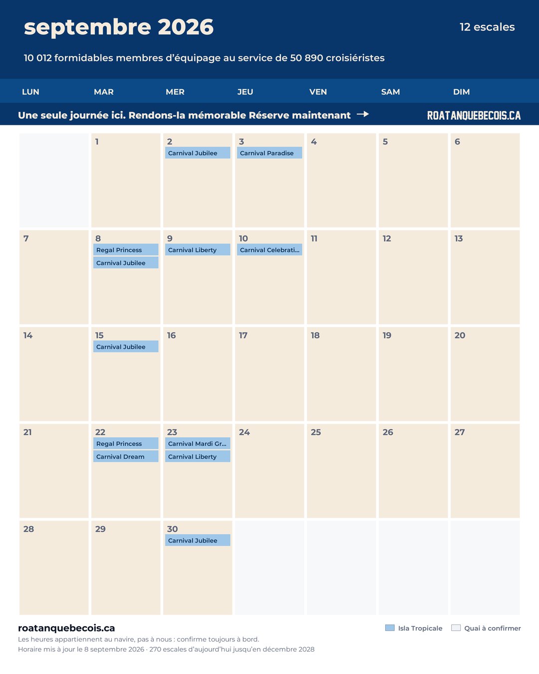 Calendrier des navires de croisière à Isla Tropicale (Mahogany Bay) pour septembre 2026 : chaque escale, navire par navire et quai par quai