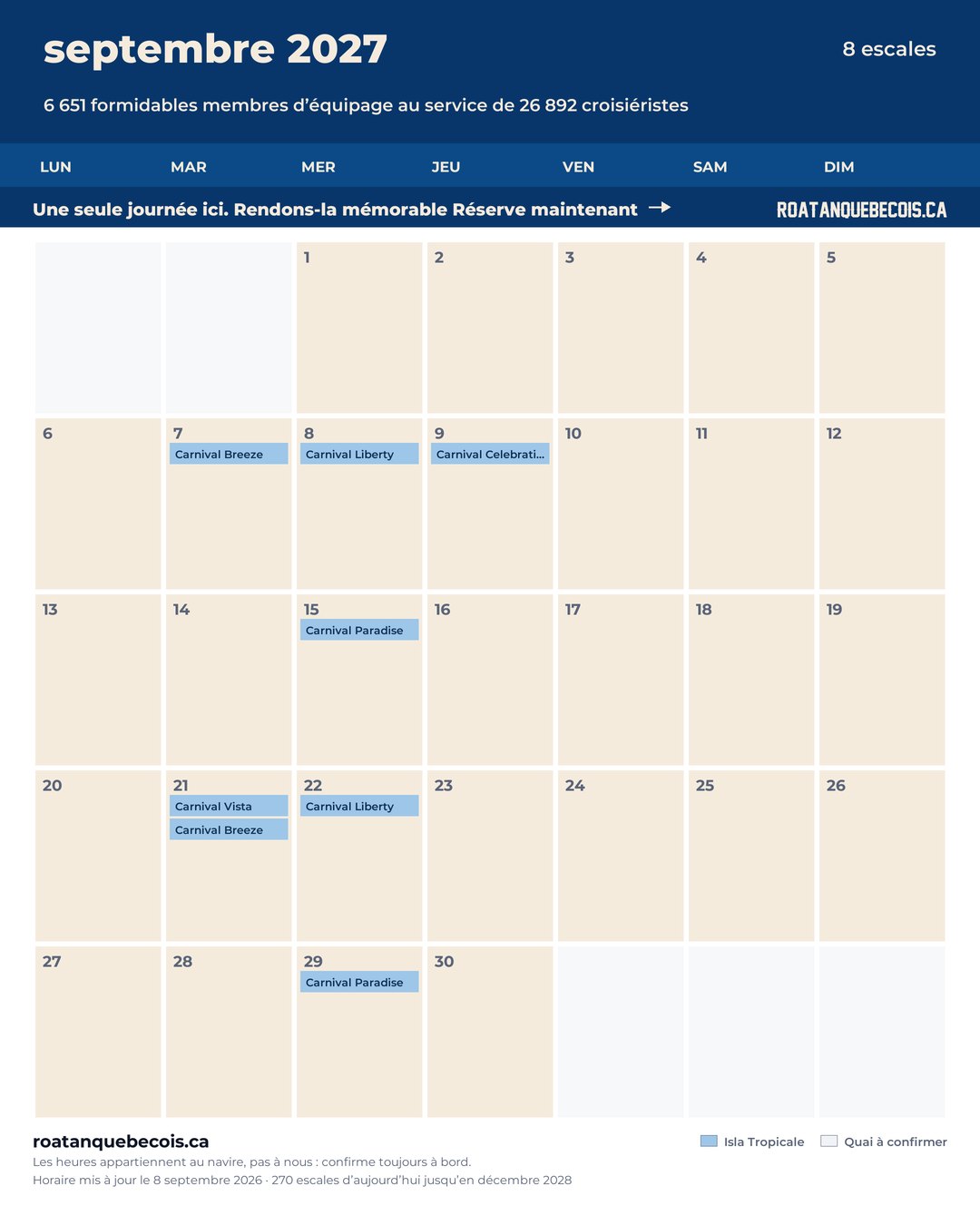 Calendrier des navires de croisière à Isla Tropicale (Mahogany Bay) pour septembre 2027 : chaque escale, navire par navire et quai par quai
