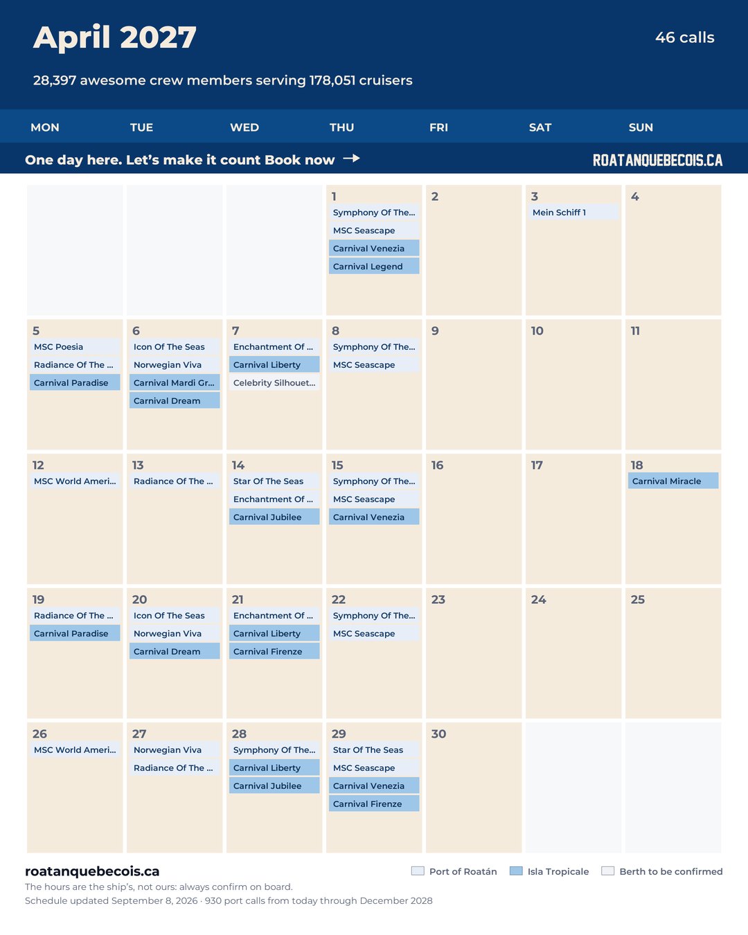 Roatán cruise ship calendar for April 2027: every call, ship by ship and berth by berth