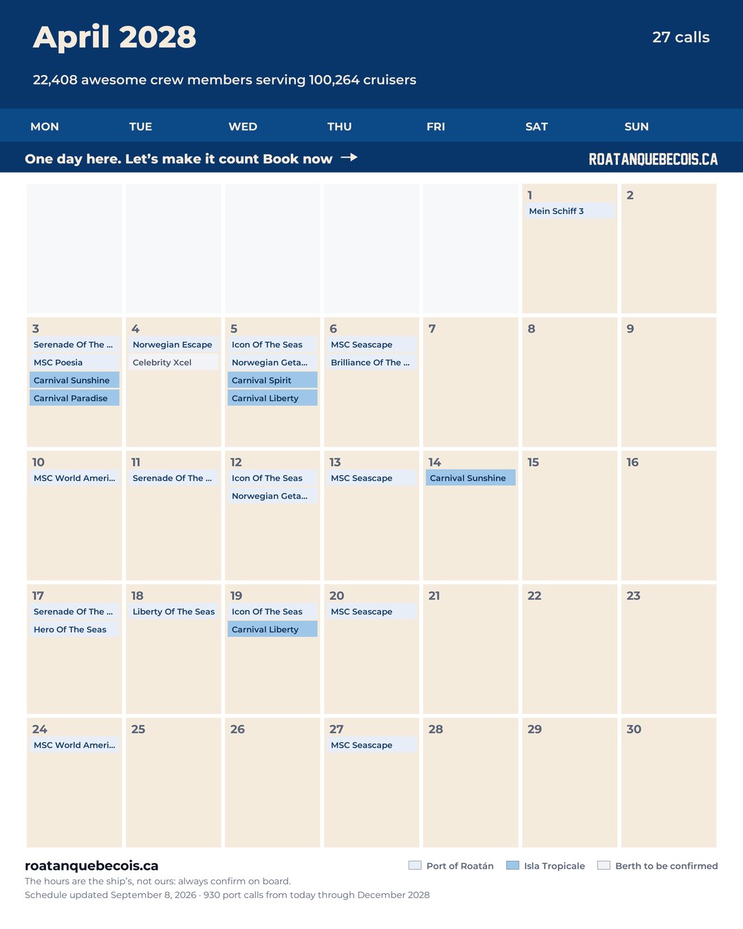 Roatán cruise ship calendar for April 2028: every call, ship by ship and berth by berth