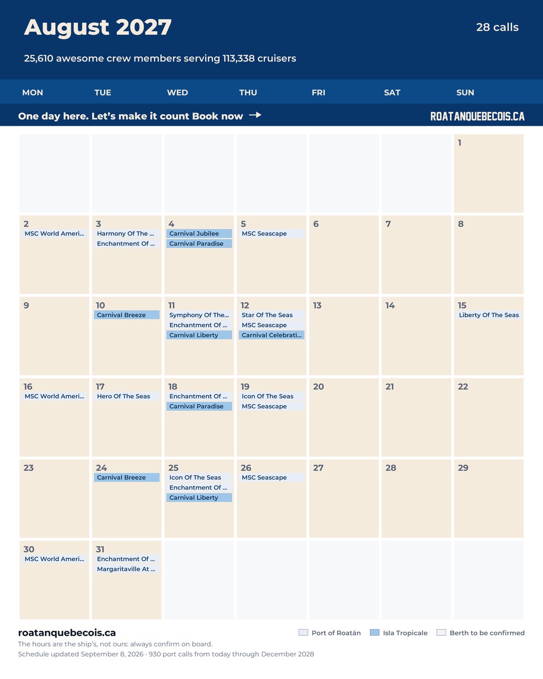 Roatán cruise ship calendar for August 2027: every call, ship by ship and berth by berth