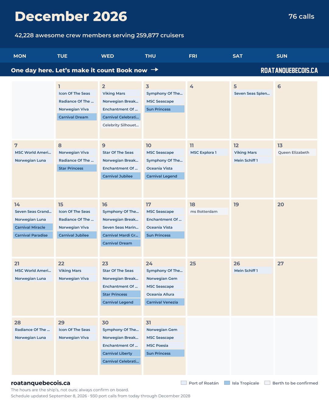 Roatán cruise ship calendar for December 2026: every call, ship by ship and berth by berth