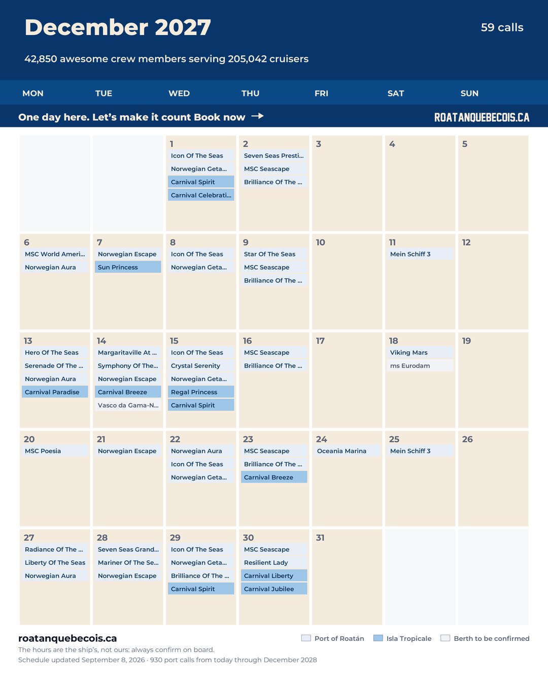 Roatán cruise ship calendar for December 2027: every call, ship by ship and berth by berth