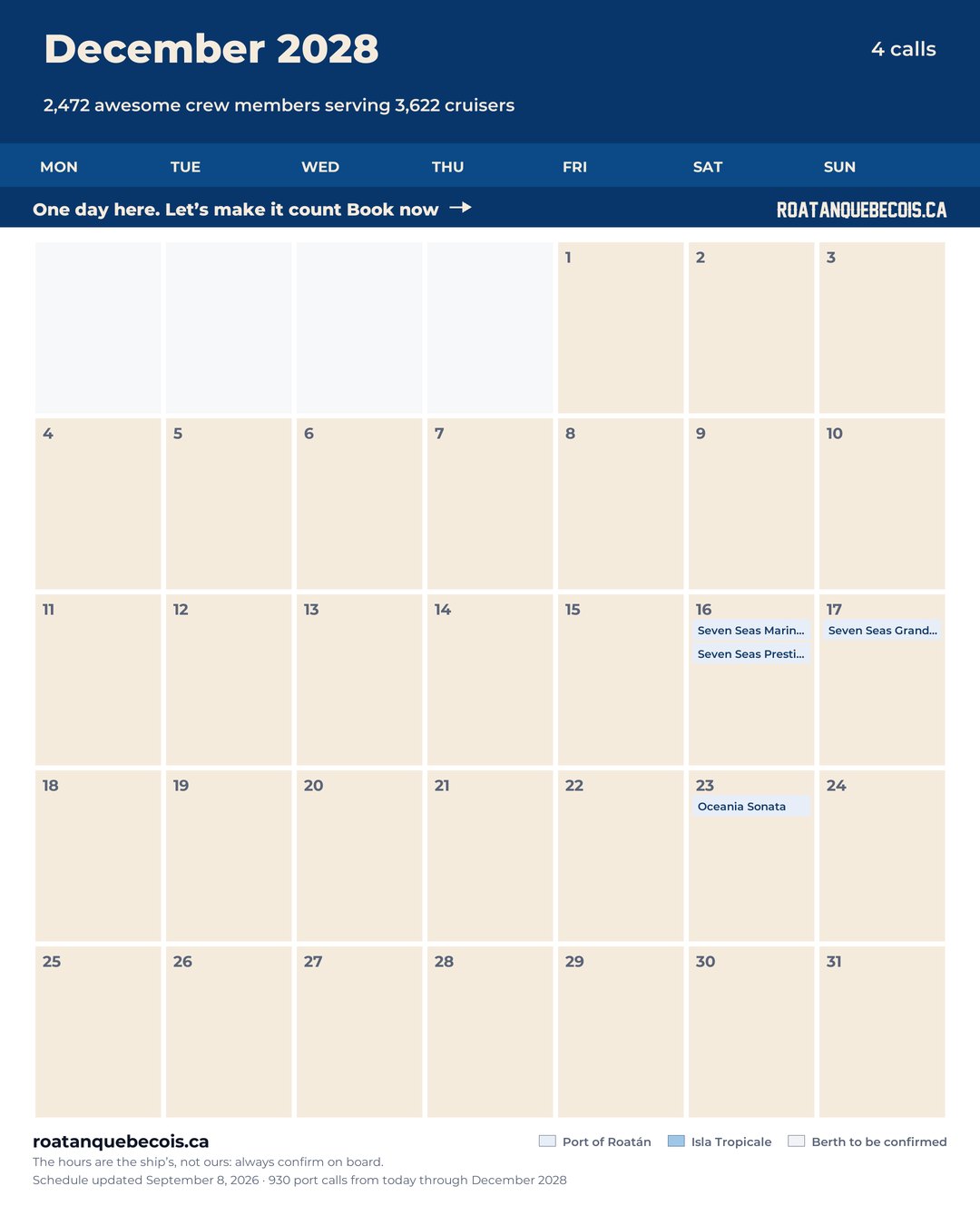 Roatán cruise ship calendar for December 2028: every call, ship by ship and berth by berth