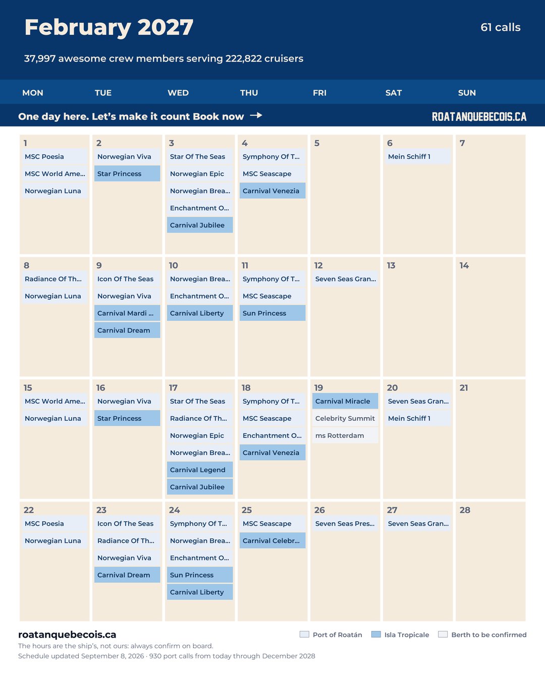 Roatán cruise ship calendar for February 2027: every call, ship by ship and berth by berth