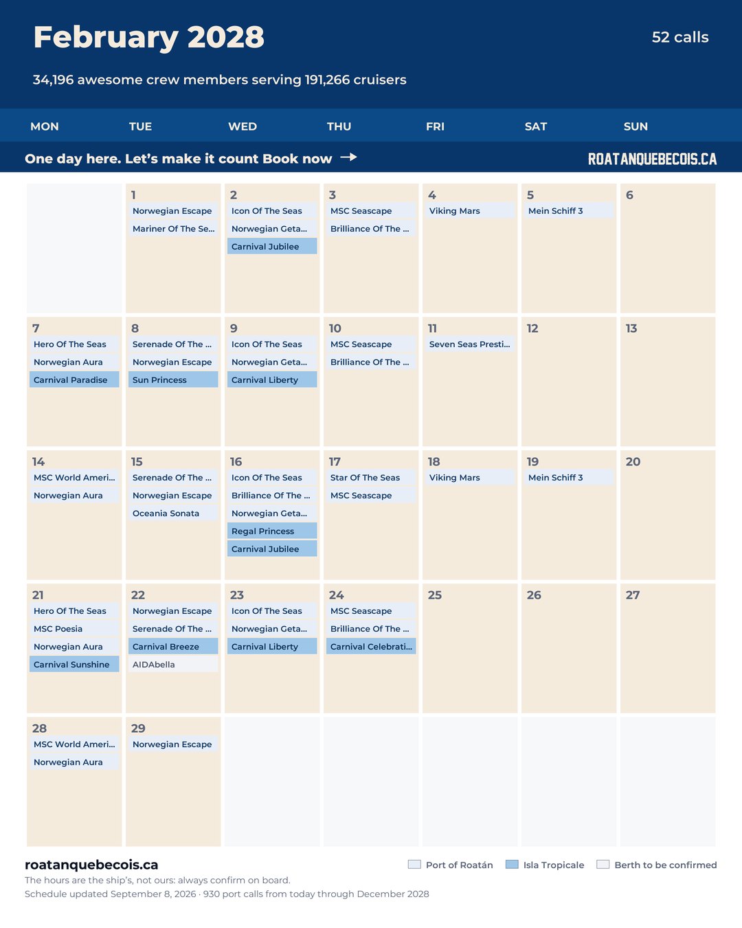 Roatán cruise ship calendar for February 2028: every call, ship by ship and berth by berth