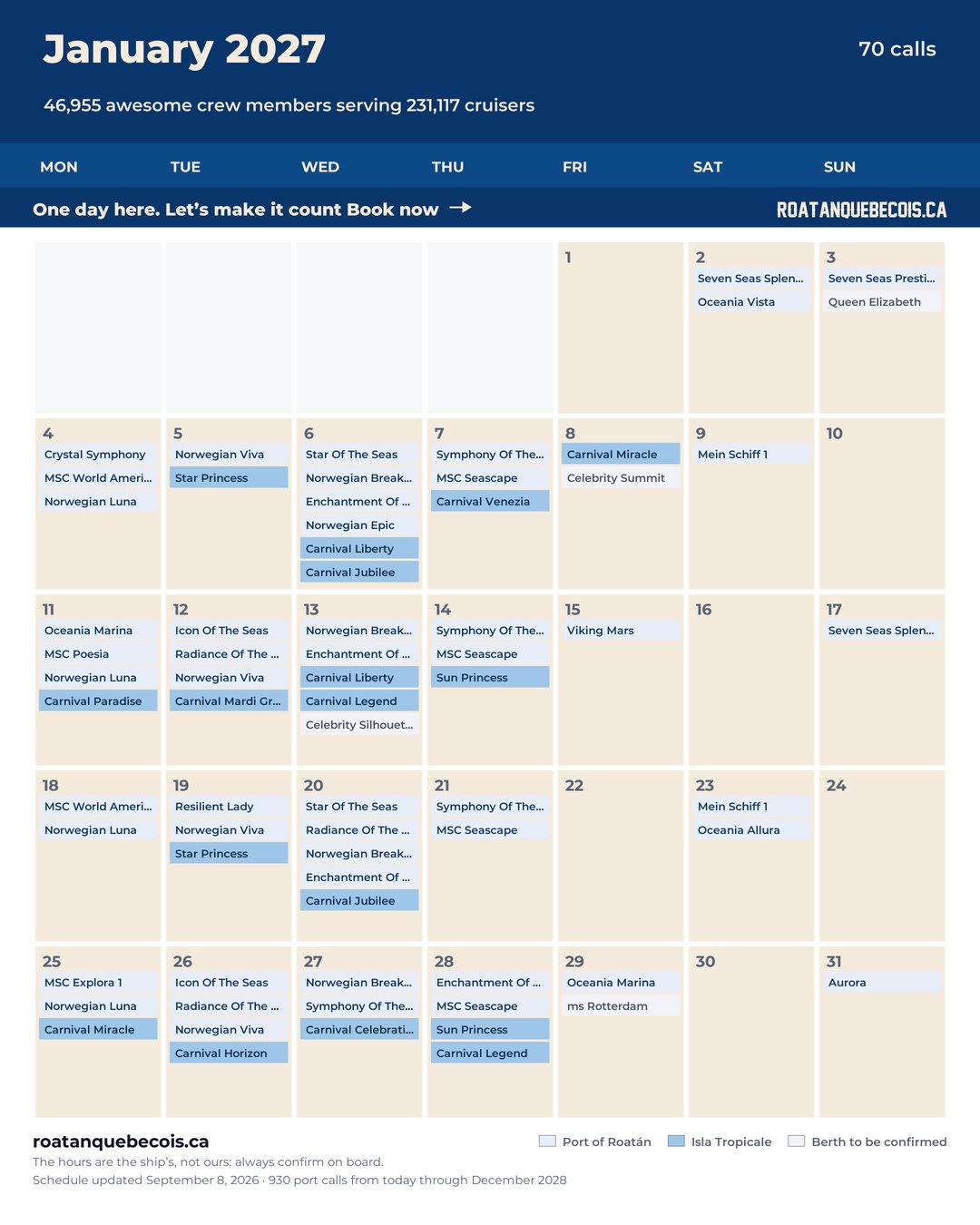 Roatán cruise ship calendar for January 2027: every call, ship by ship and berth by berth