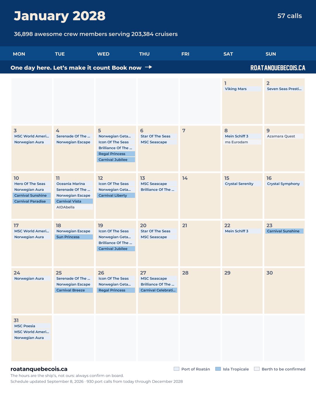 Roatán cruise ship calendar for January 2028: every call, ship by ship and berth by berth