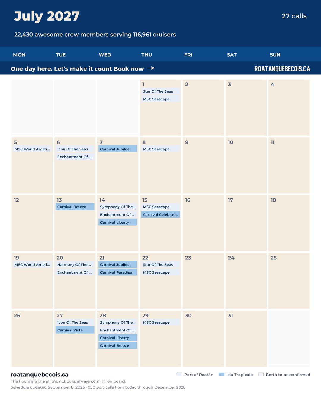 Roatán cruise ship calendar for July 2027: every call, ship by ship and berth by berth