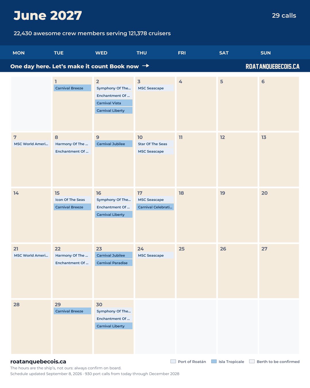Roatán cruise ship calendar for June 2027: every call, ship by ship and berth by berth
