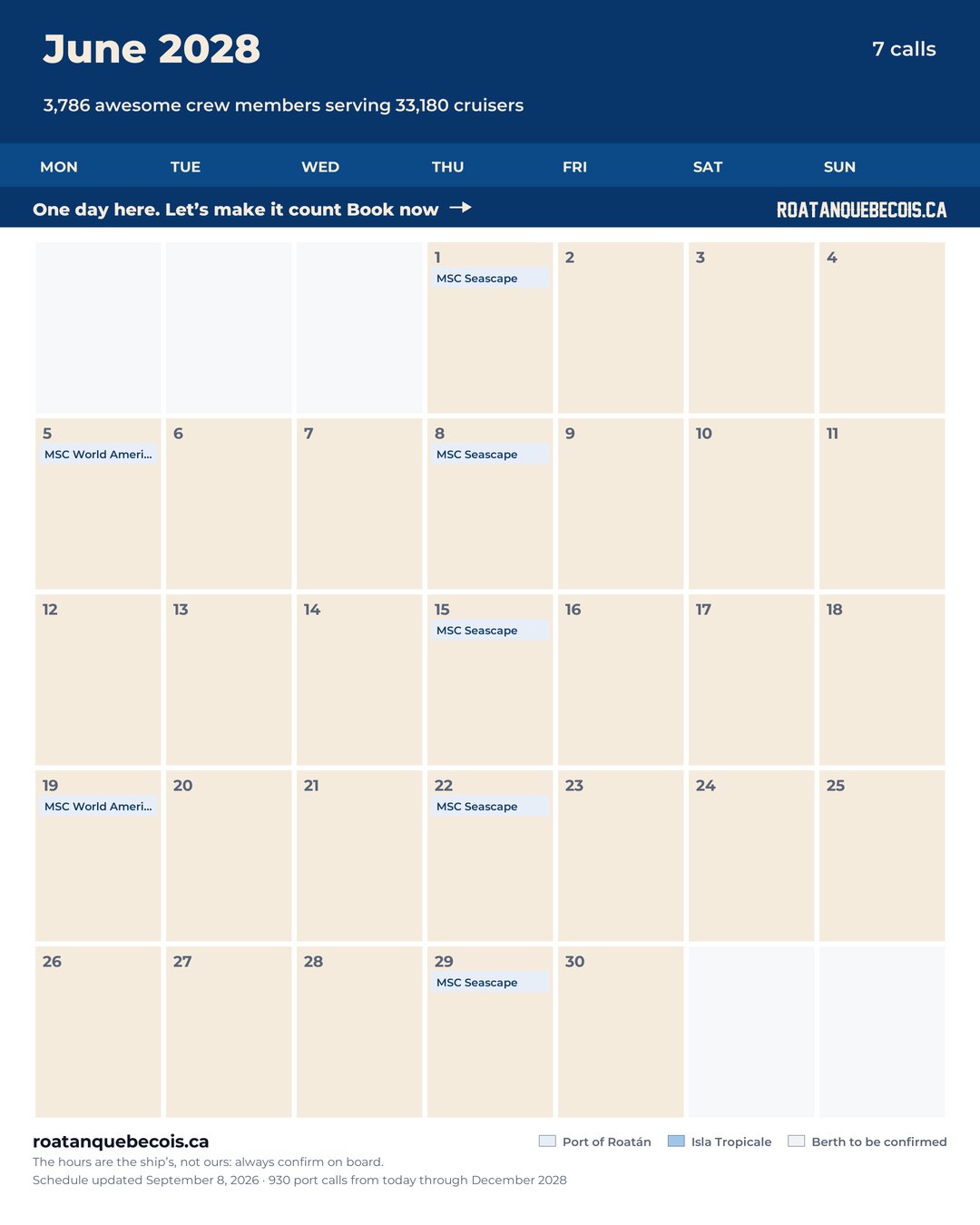 Roatán cruise ship calendar for June 2028: every call, ship by ship and berth by berth