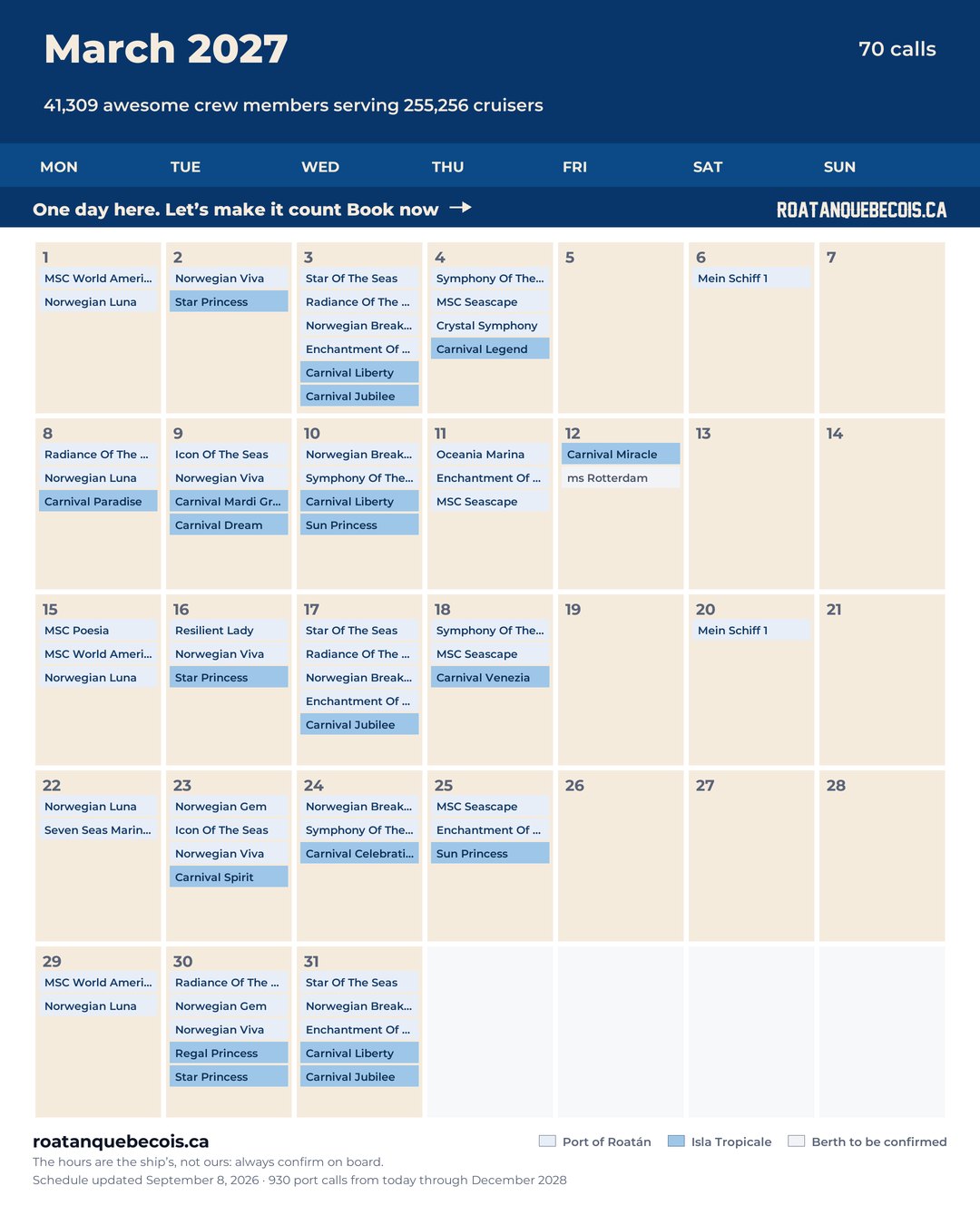 Roatán cruise ship calendar for March 2027: every call, ship by ship and berth by berth