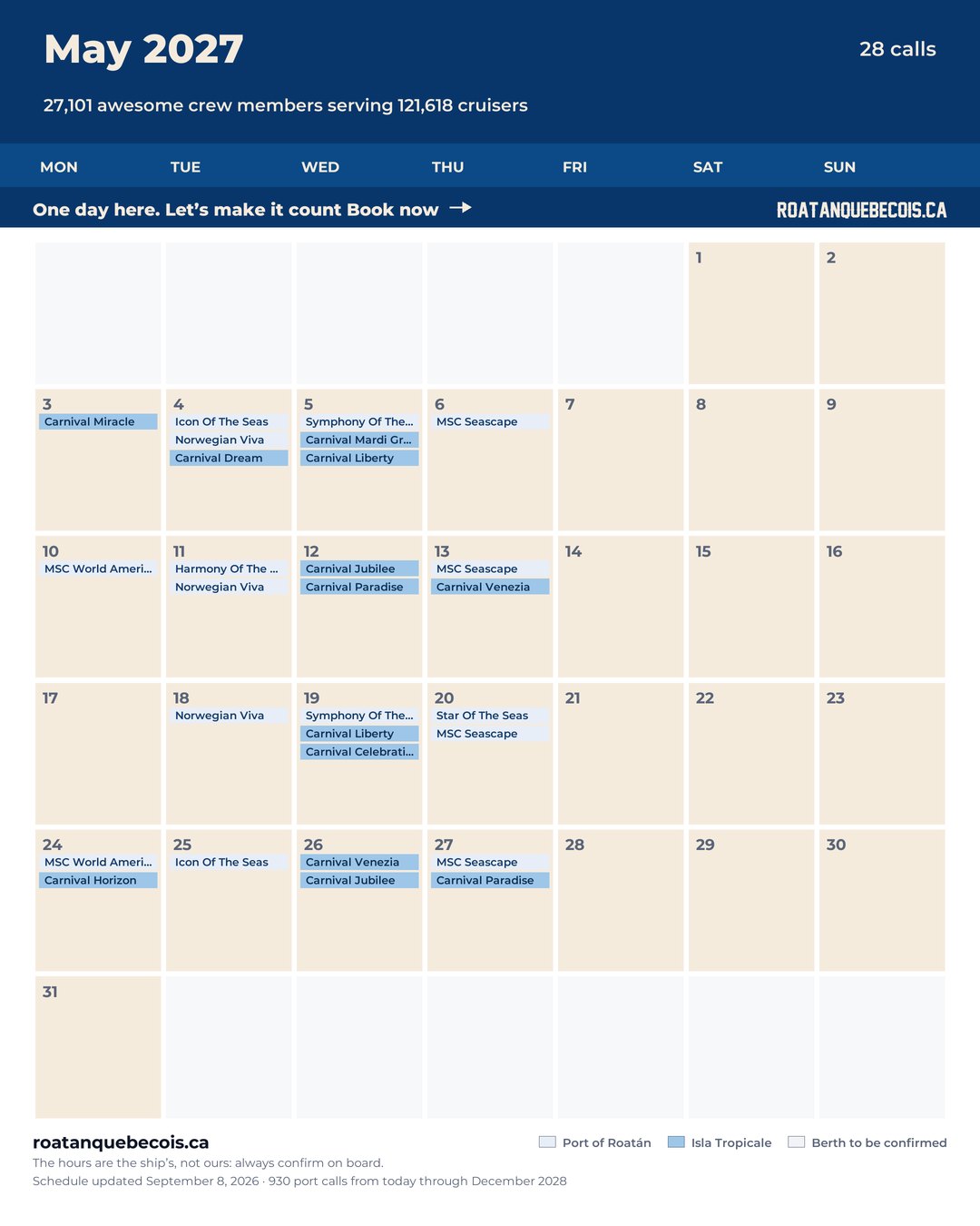 Roatán cruise ship calendar for May 2027: every call, ship by ship and berth by berth