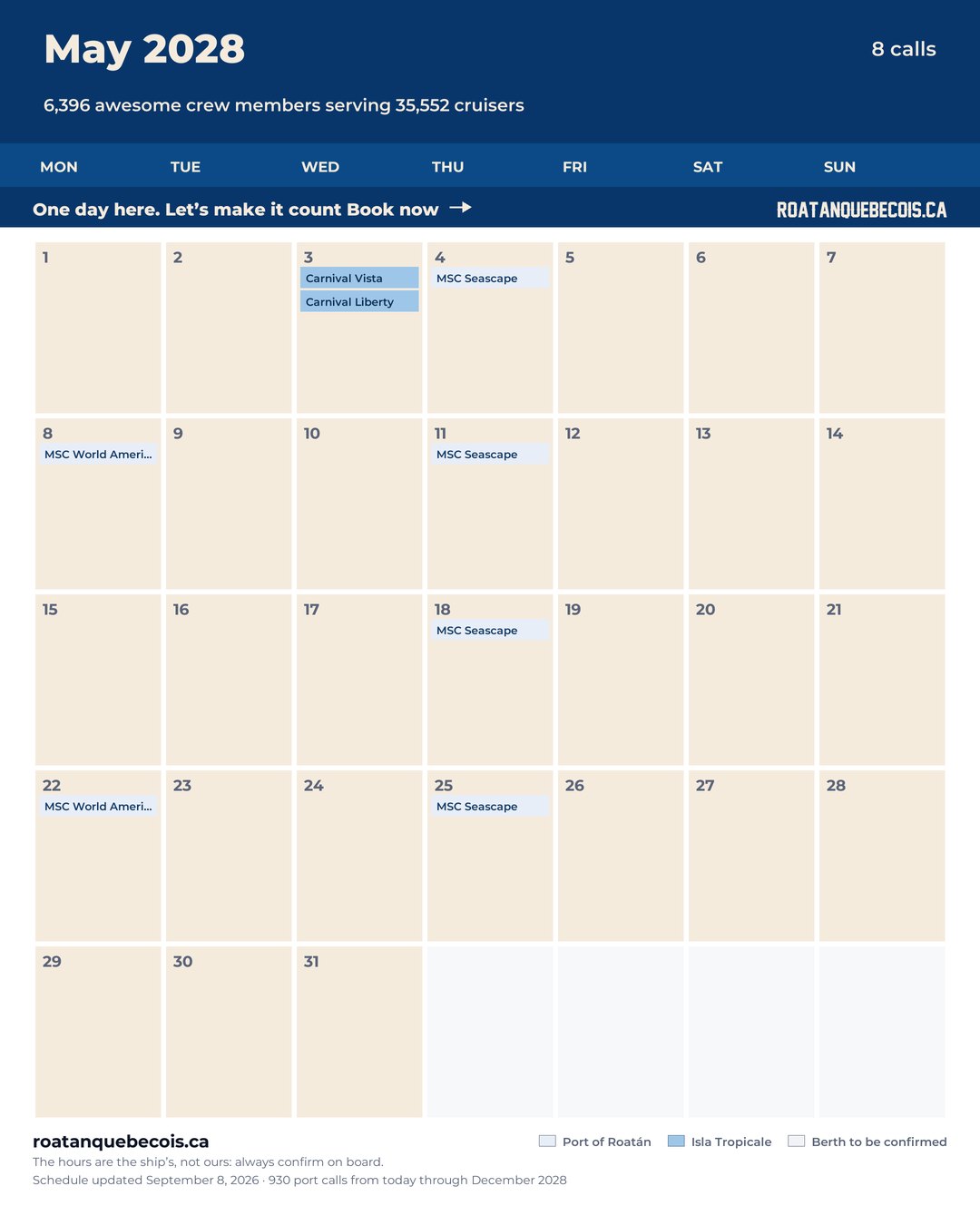 Roatán cruise ship calendar for May 2028: every call, ship by ship and berth by berth