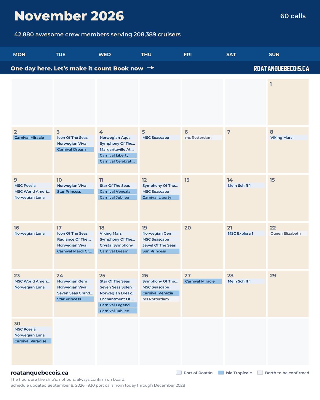 Roatán cruise ship calendar for November 2026: every call, ship by ship and berth by berth