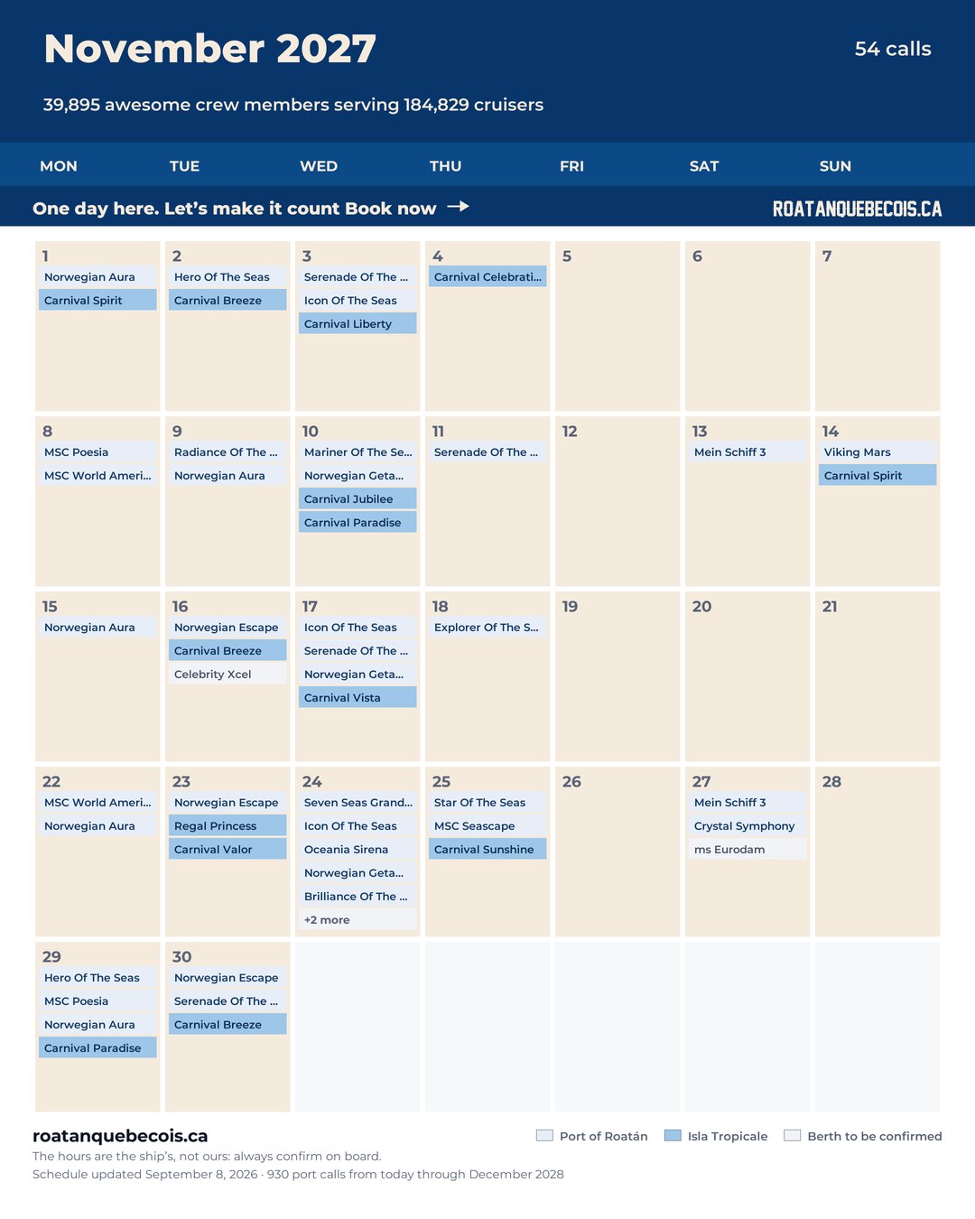 Roatán cruise ship calendar for November 2027: every call, ship by ship and berth by berth