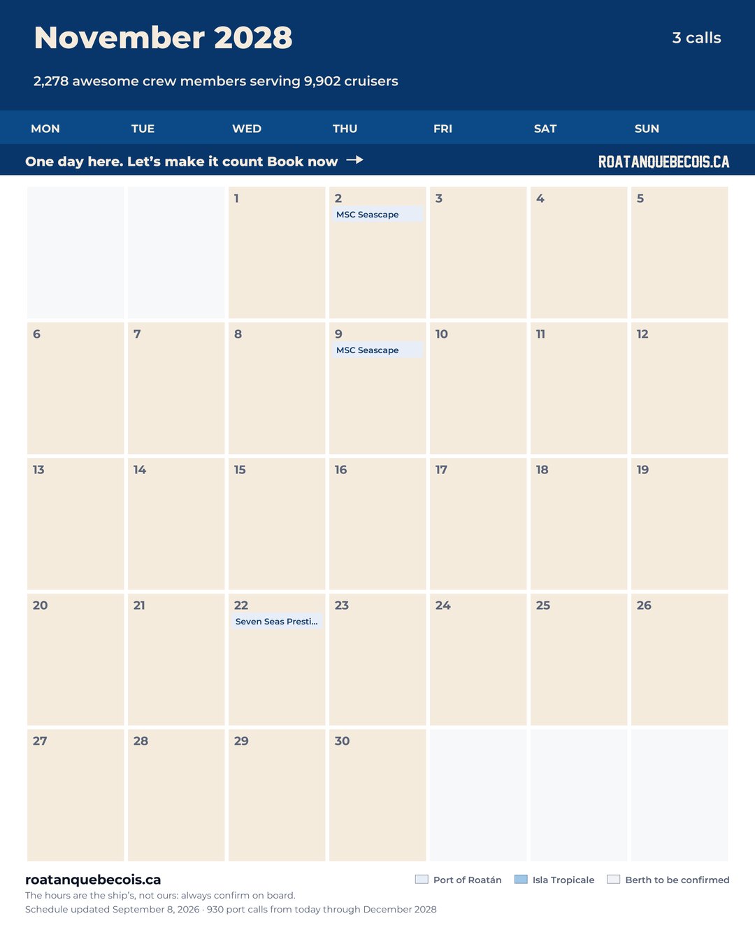 Roatán cruise ship calendar for November 2028: every call, ship by ship and berth by berth