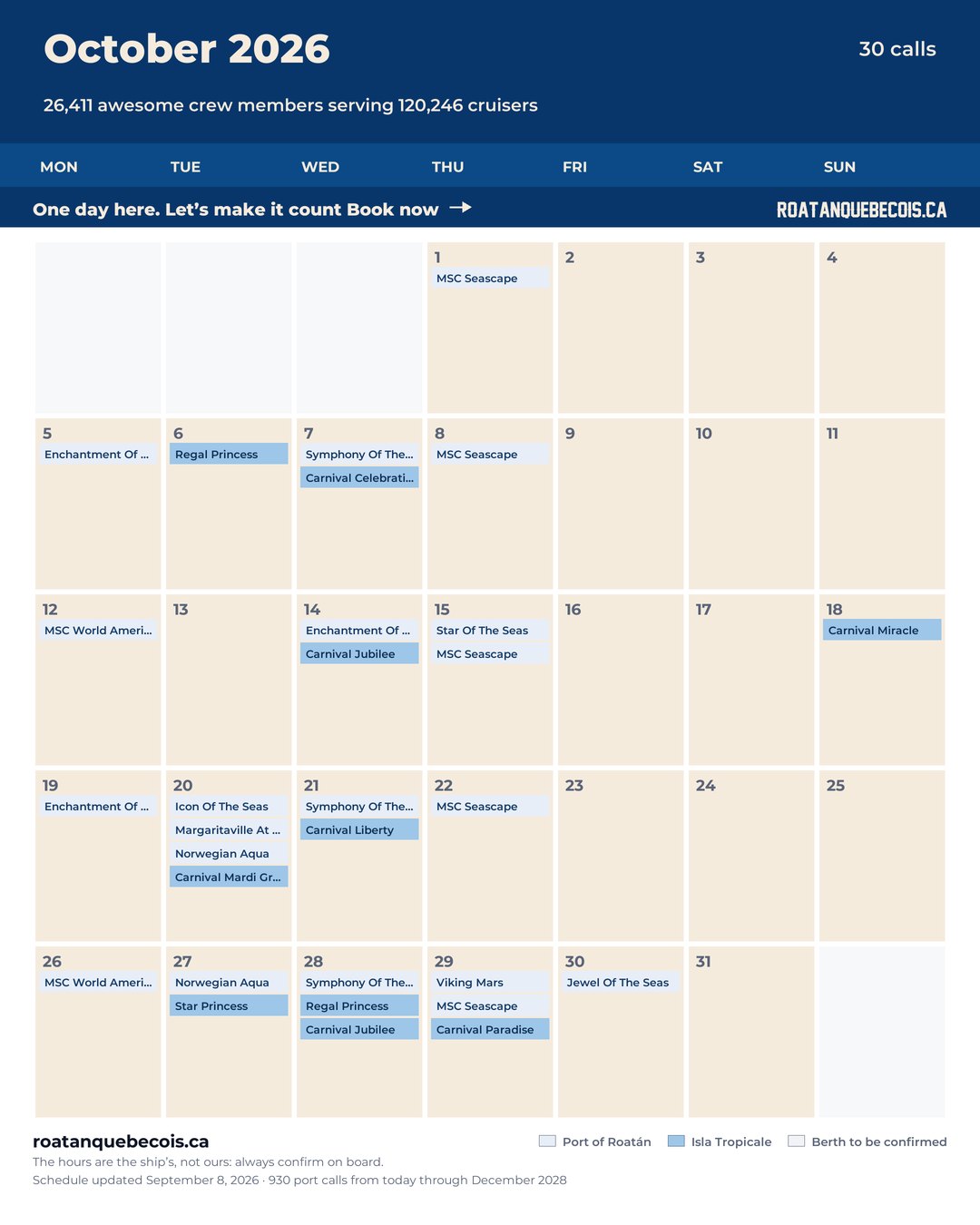 Roatán cruise ship calendar for October 2026: every call, ship by ship and berth by berth