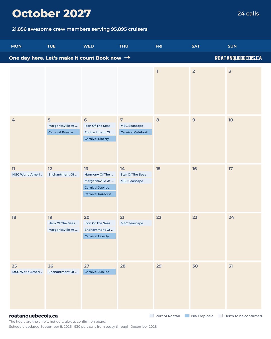 Roatán cruise ship calendar for October 2027: every call, ship by ship and berth by berth