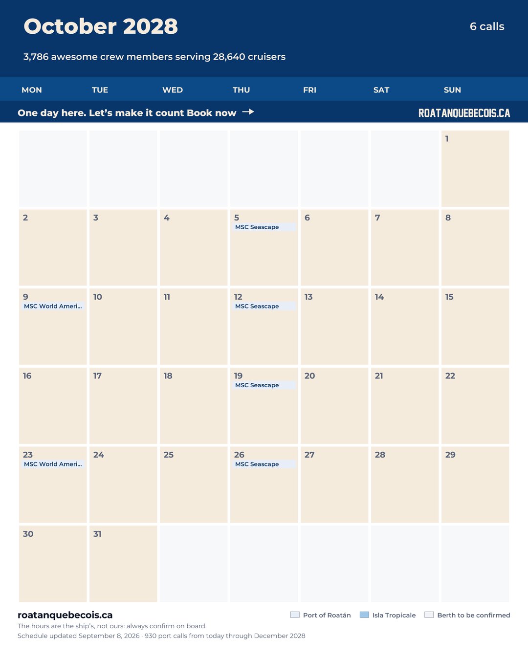 Roatán cruise ship calendar for October 2028: every call, ship by ship and berth by berth
