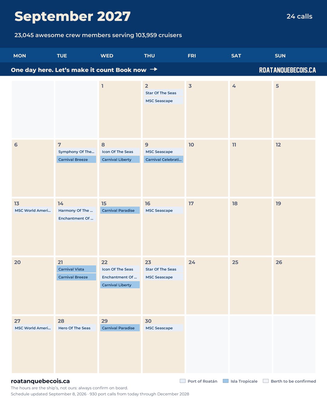 Roatán cruise ship calendar for September 2027: every call, ship by ship and berth by berth
