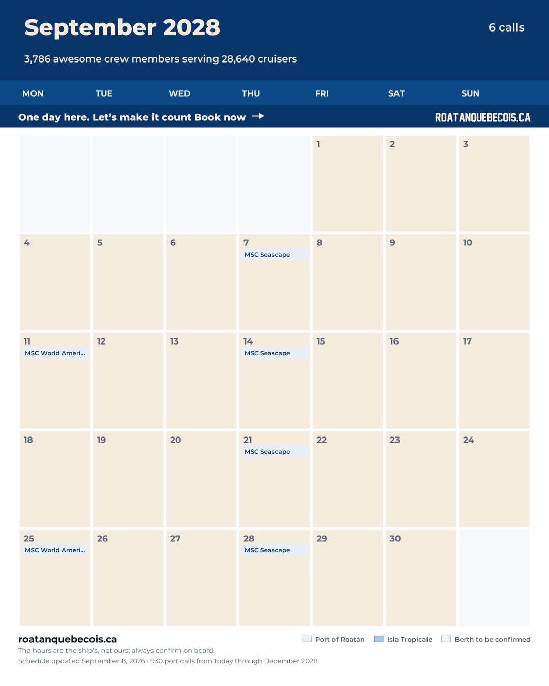 Roatán cruise ship calendar for September 2028: every call, ship by ship and berth by berth