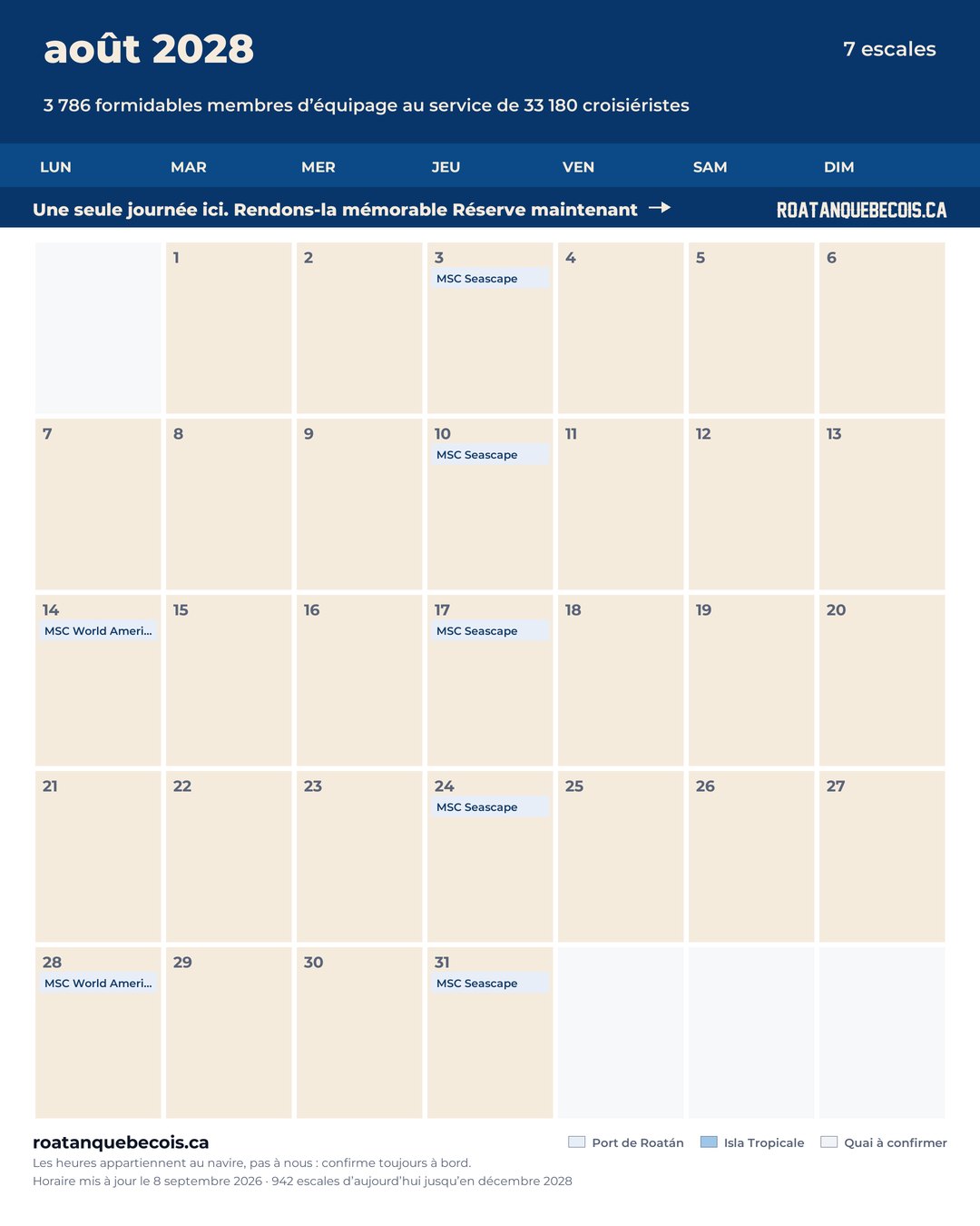 Calendrier des navires de croisière à Roatán pour août 2028 : chaque escale, navire par navire et quai par quai