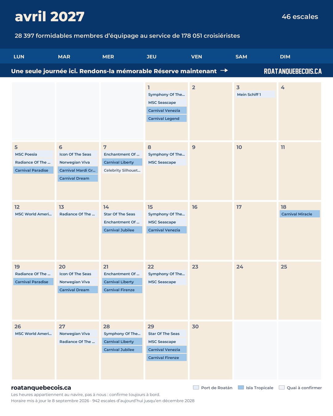Calendrier des navires de croisière à Roatán pour avril 2027 : chaque escale, navire par navire et quai par quai