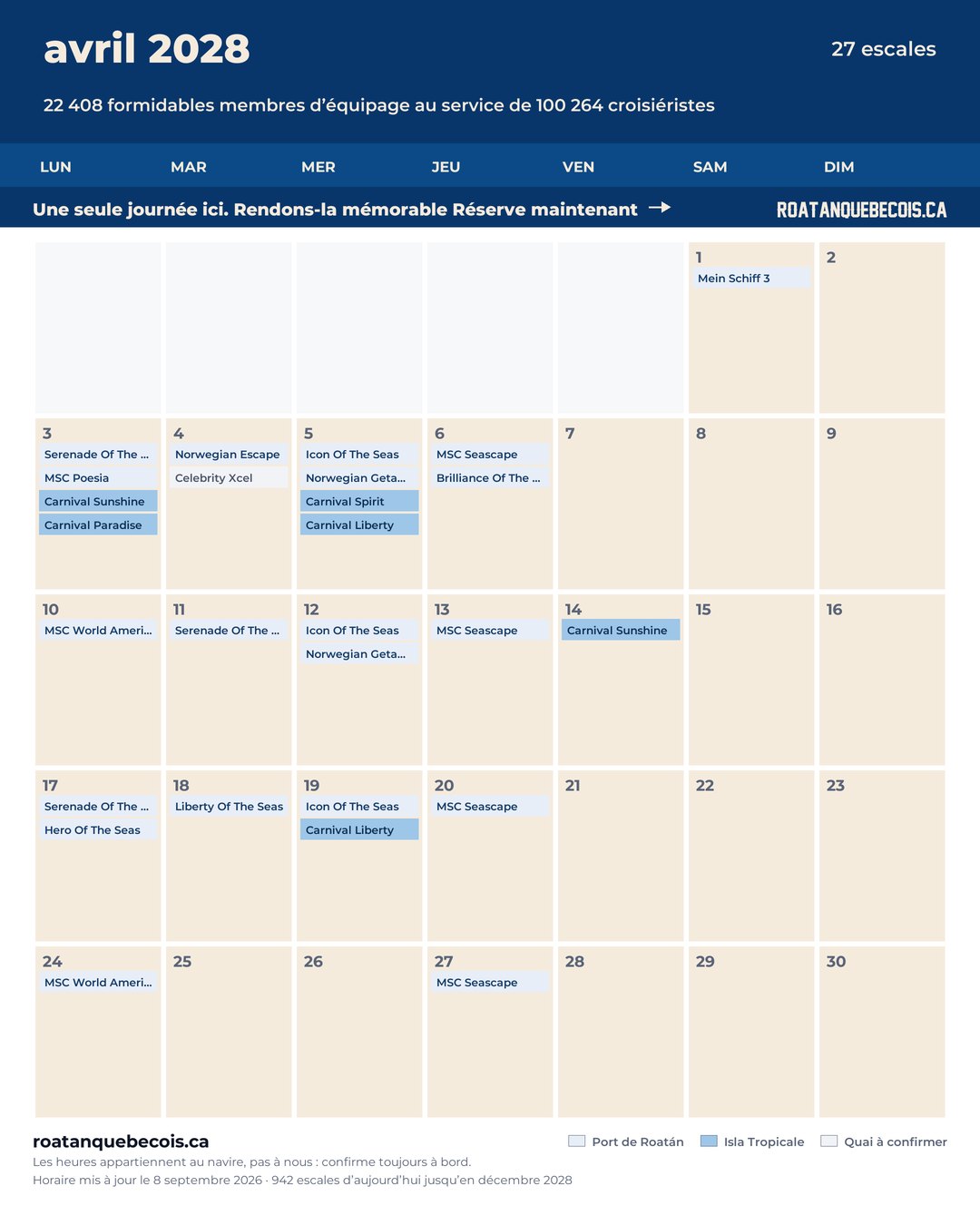 Calendrier des navires de croisière à Roatán pour avril 2028 : chaque escale, navire par navire et quai par quai