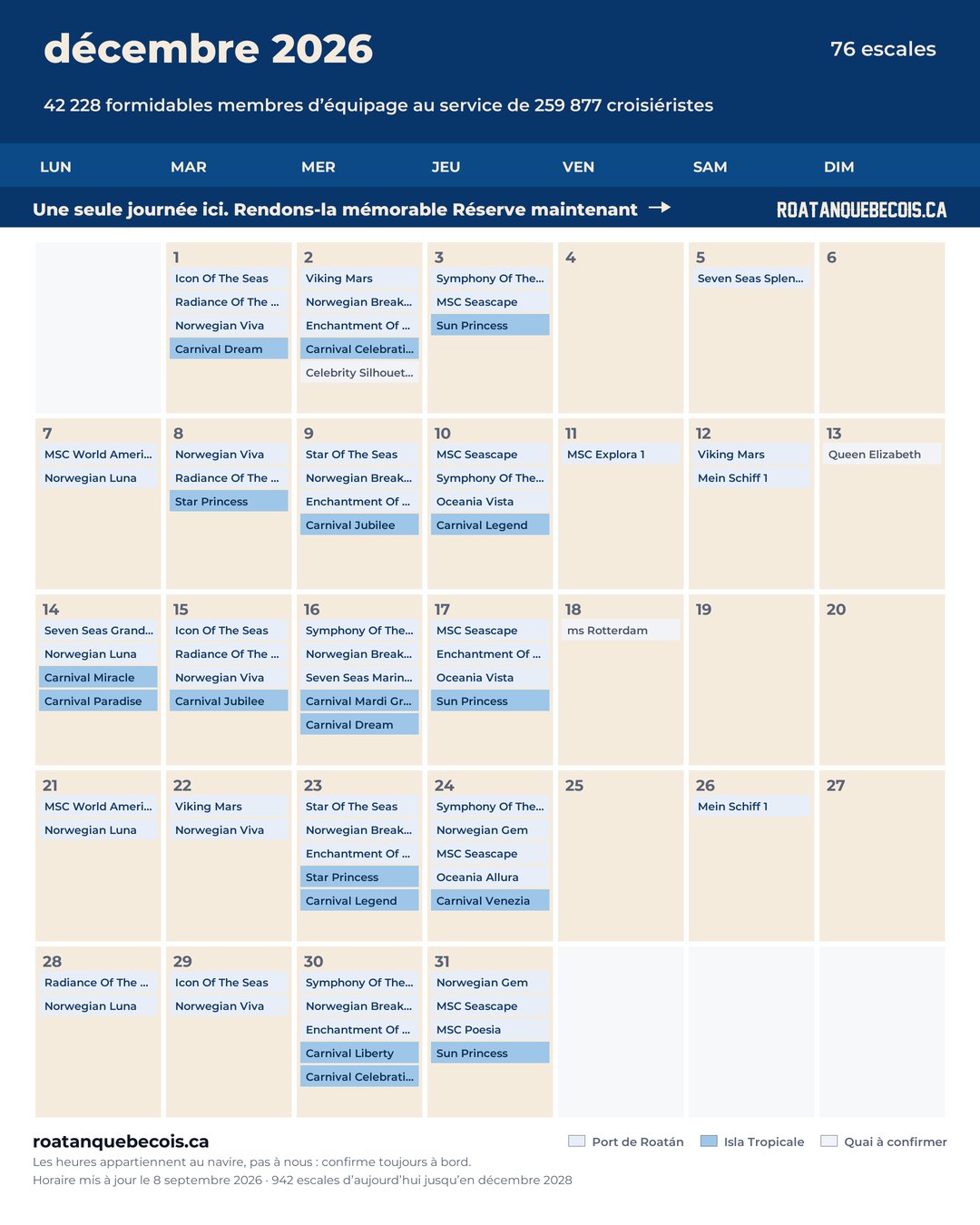 Calendrier des navires de croisière à Roatán pour décembre 2026 : chaque escale, navire par navire et quai par quai