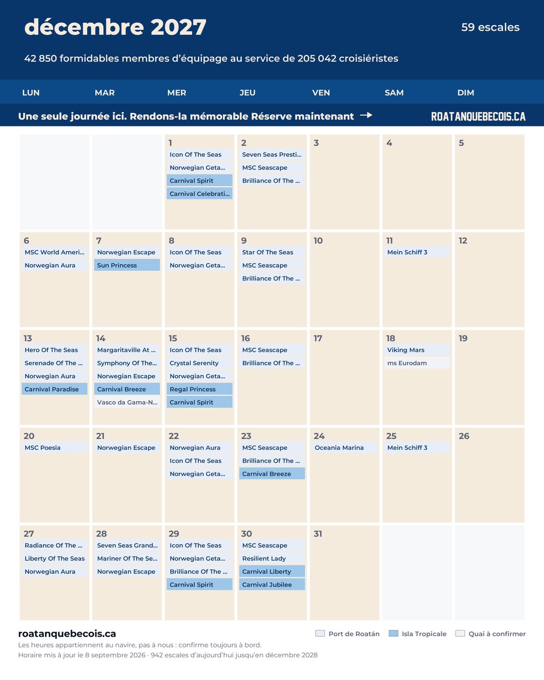 Calendrier des navires de croisière à Roatán pour décembre 2027 : chaque escale, navire par navire et quai par quai