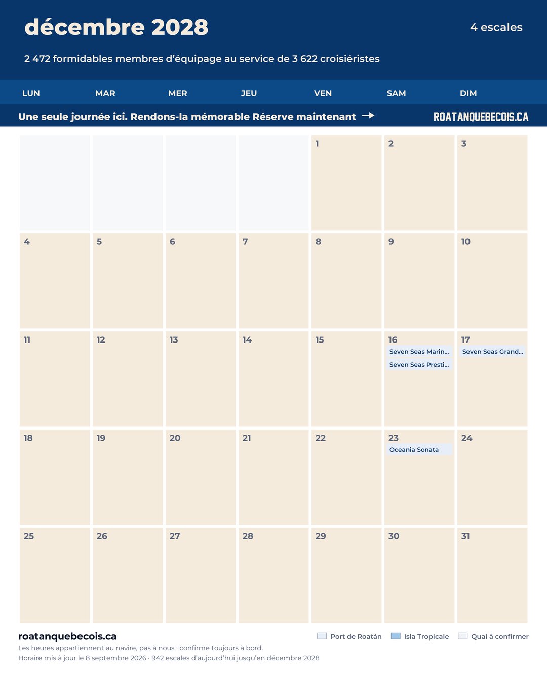 Calendrier des navires de croisière à Roatán pour décembre 2028 : chaque escale, navire par navire et quai par quai