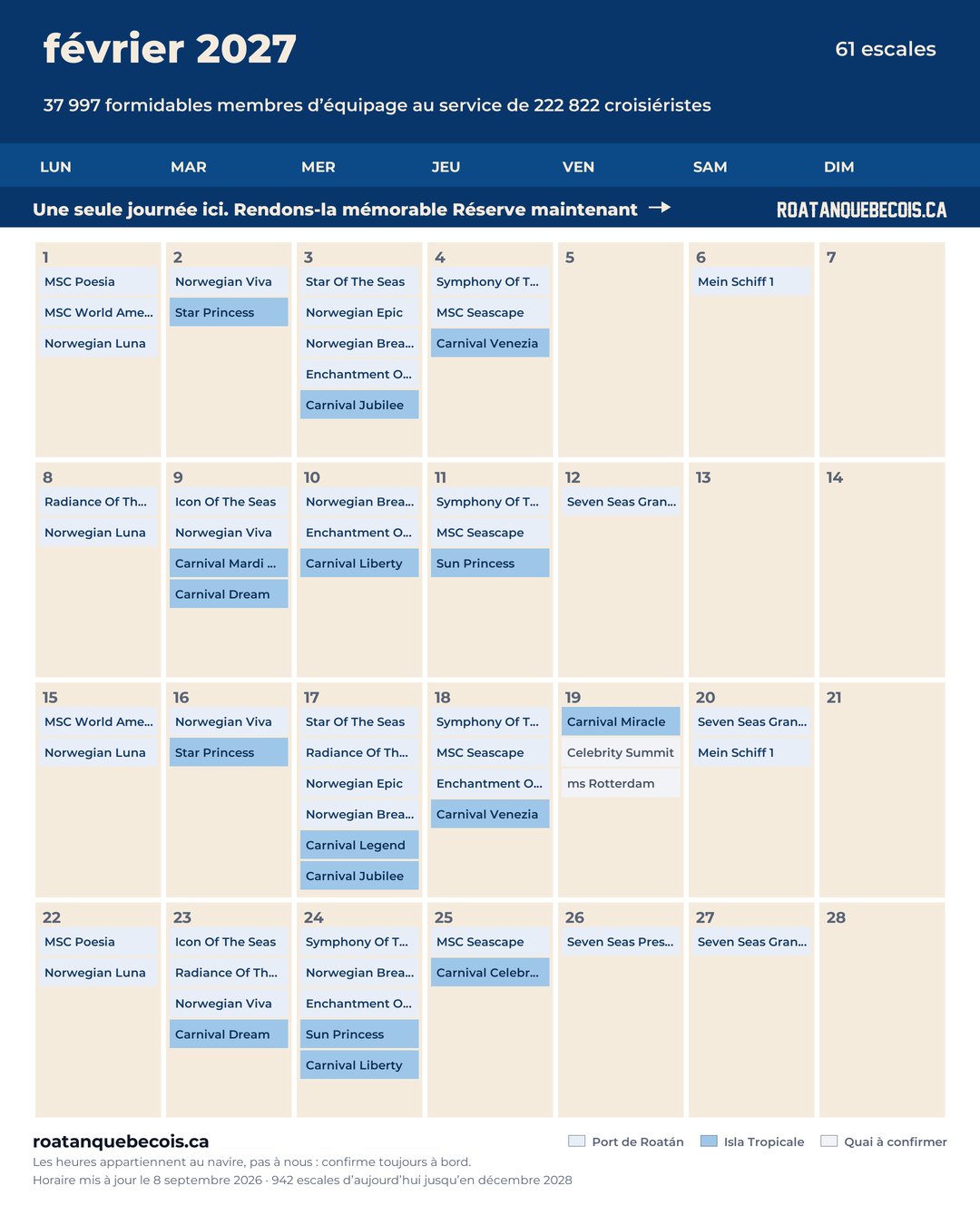 Calendrier des navires de croisière à Roatán pour février 2027 : chaque escale, navire par navire et quai par quai
