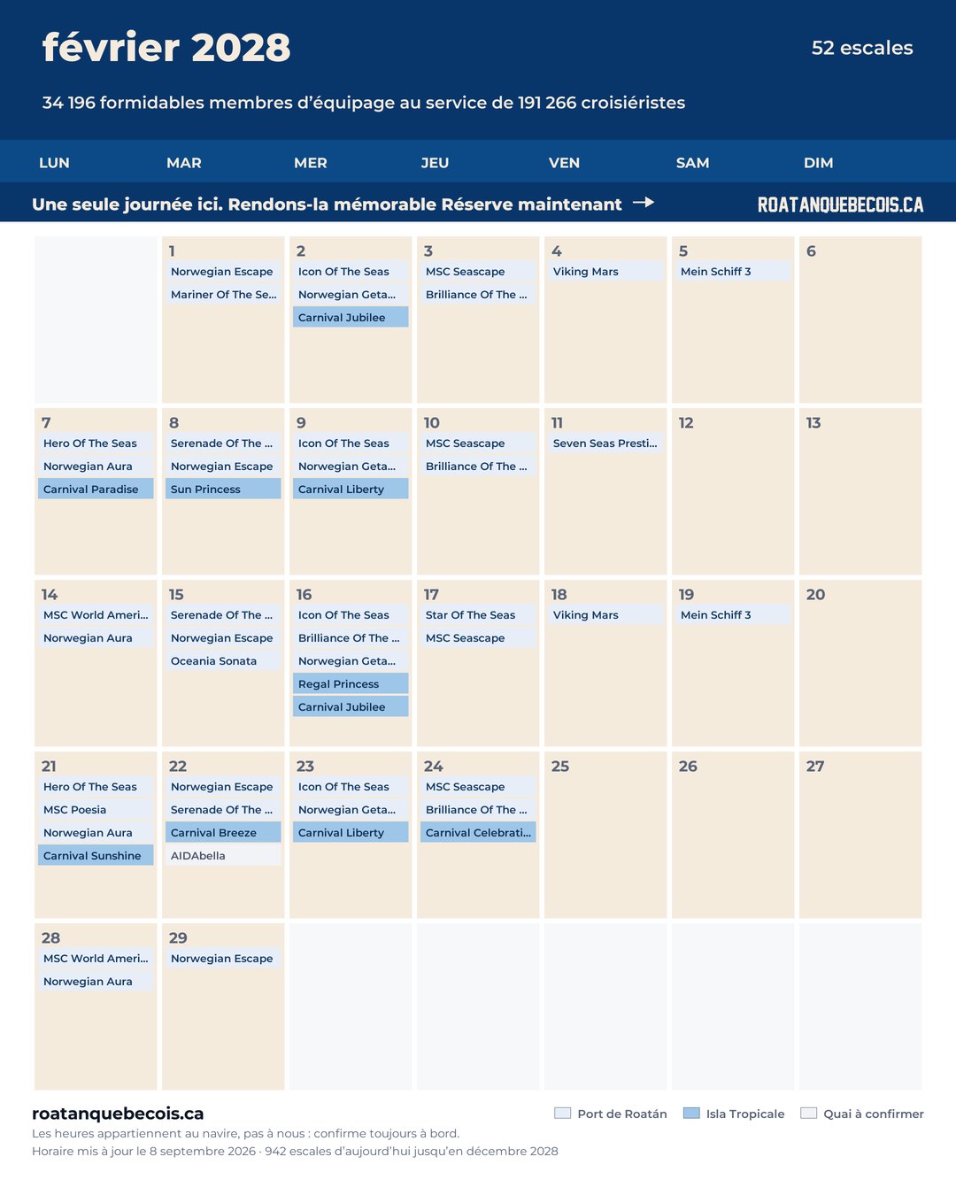 Calendrier des navires de croisière à Roatán pour février 2028 : chaque escale, navire par navire et quai par quai