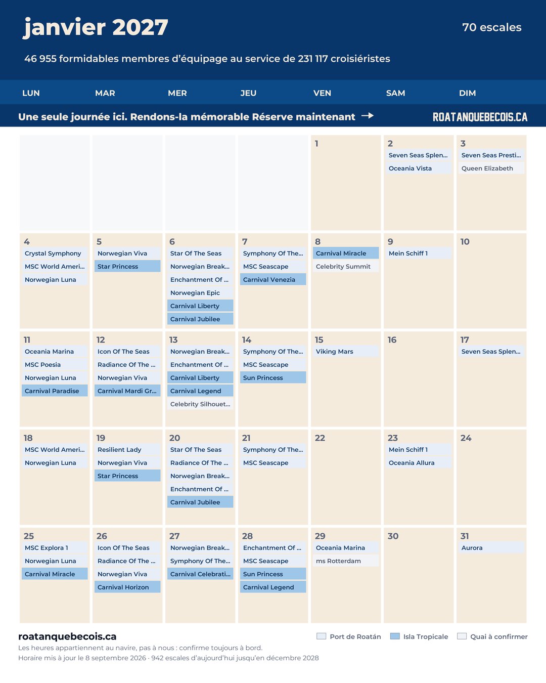 Calendrier des navires de croisière à Roatán pour janvier 2027 : chaque escale, navire par navire et quai par quai